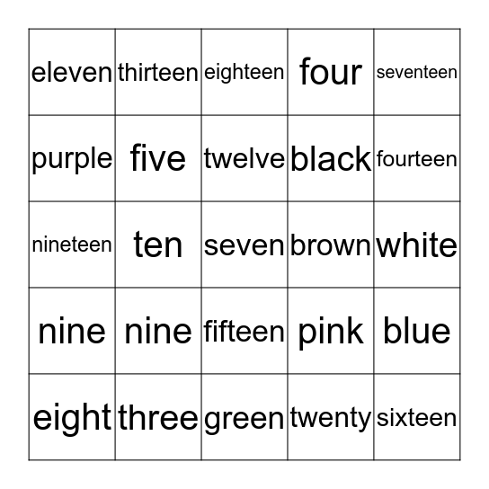 Number & Color Word Bingo Card