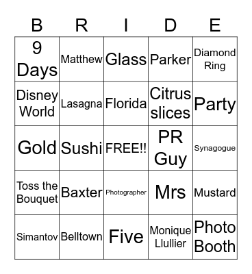 Amanda's Bridal Bingo Card