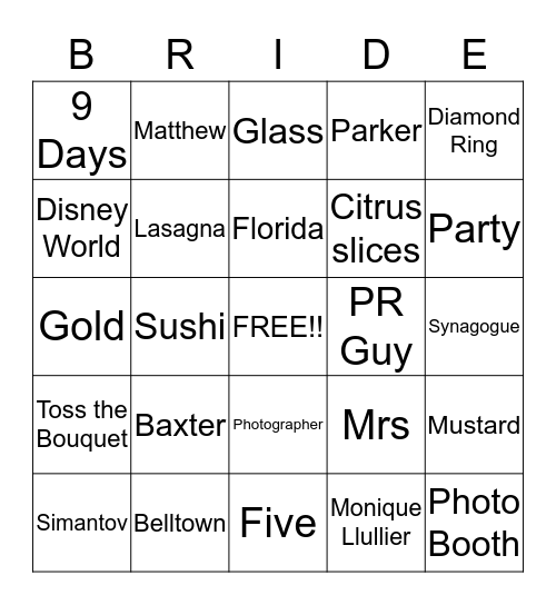 Amanda's Bridal Bingo Card