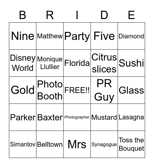 Amanda's Bridal Bingo Card