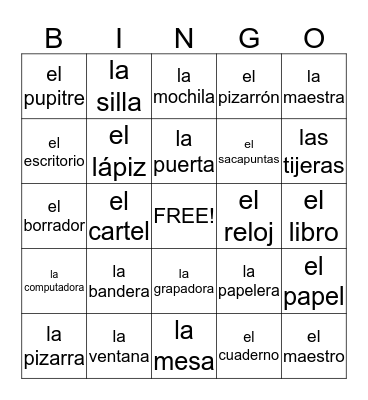 Objetos en el salón de clase/Classroom objects Bingo Card