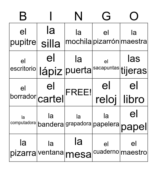 Objetos en el salón de clase/Classroom objects Bingo Card