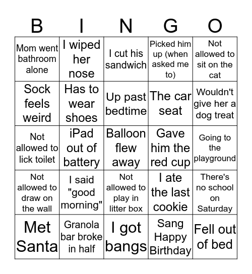 Reasons my kid is crying Bingo Card