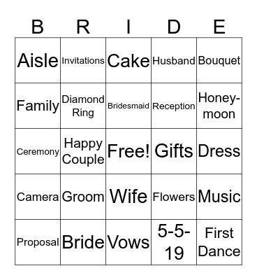 Sarina's Bridal Shower Bingo Card