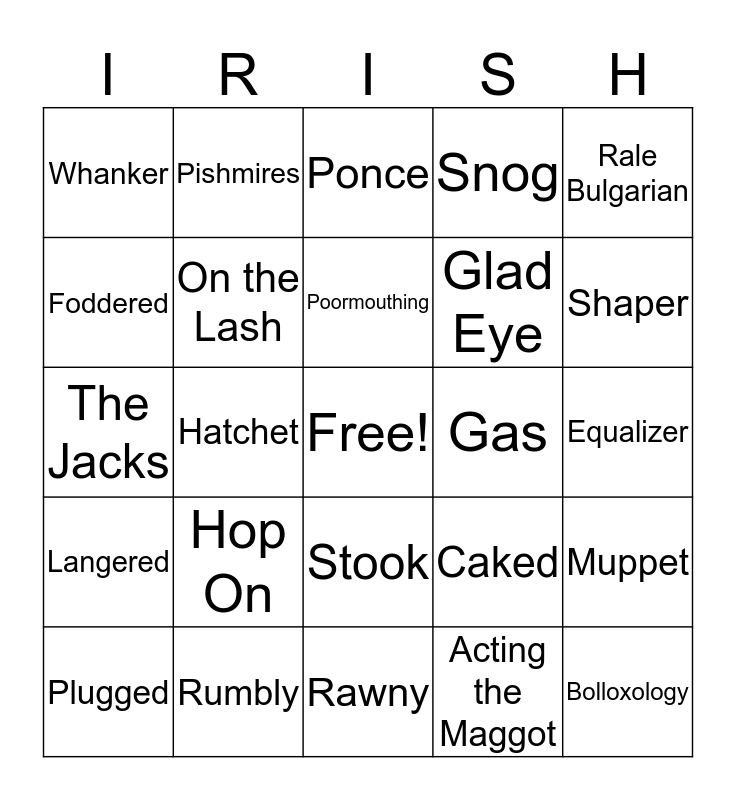 Irish Slang Words Bingo Card