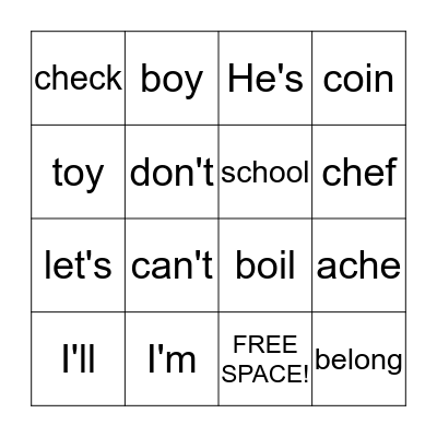 Contraction BINGO Card