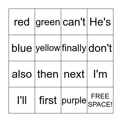 Color/Writing Words Bingo  Bingo Card