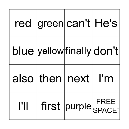 Color/Writing Words Bingo  Bingo Card