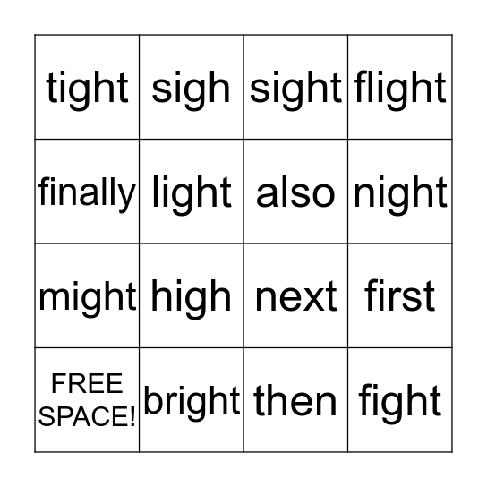 Igh words Bingo Card