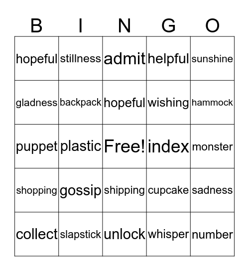 Syllable Bingo Card