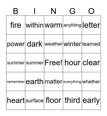 4.2 Vocabulary Bingo Card