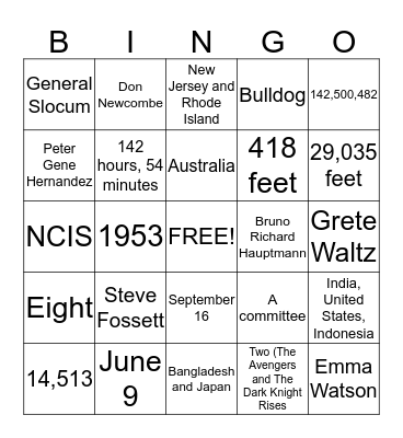 Almanac Project 1 Bingo Card