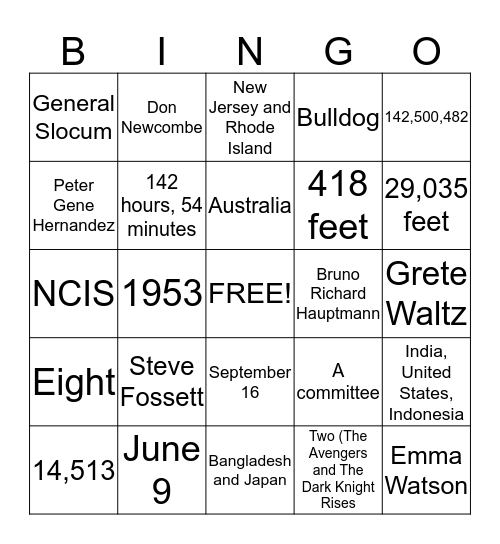 Almanac Project 1 Bingo Card