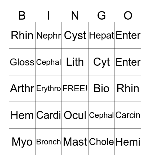 Root Words BINGO Card