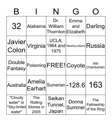 Almanac Project 2 Bingo Card