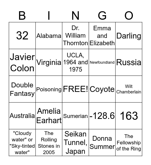 Almanac Project 2 Bingo Card