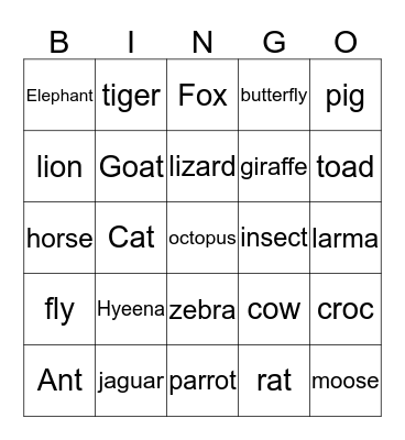 Animal Bingo Card