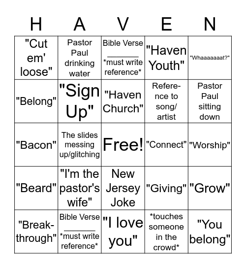 Haven Youth Bingo Card