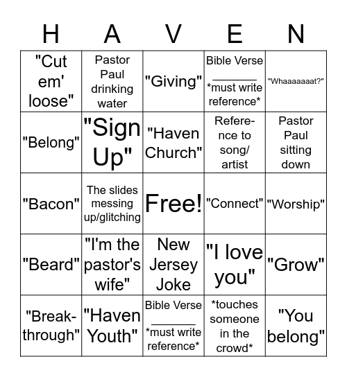 Haven Youth Bingo Card