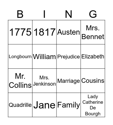 Jane Austen Bingo Card