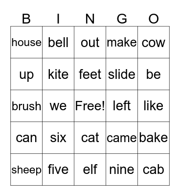 vowel sounds Bingo Card