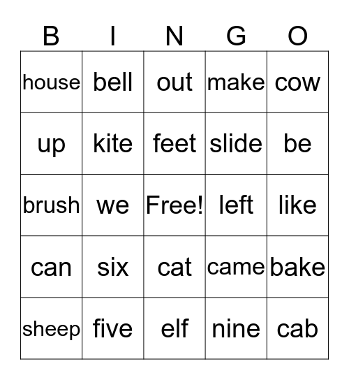 vowel sounds Bingo Card