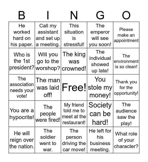 Sentences signed Bingo Card