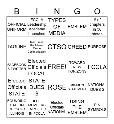 FCCLA Bingo Card