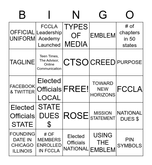 FCCLA Bingo Card