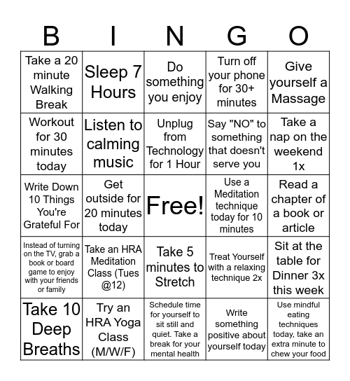 Stress Management Bingo Card