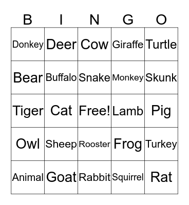 Animals Bingo Card