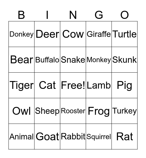 Animals Bingo Card