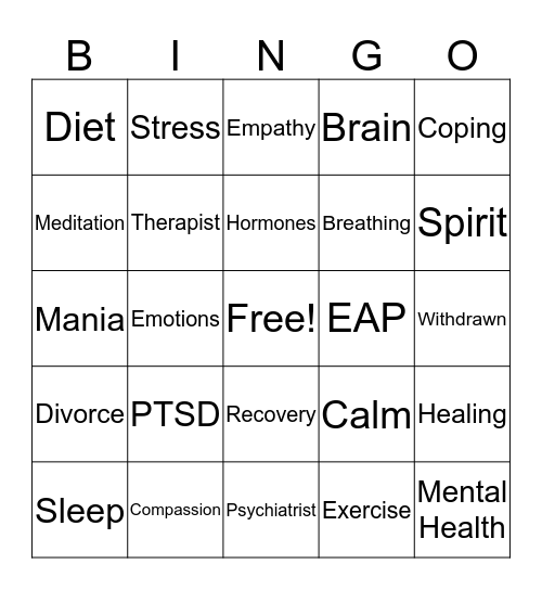 Mental Health Wellness Bingo Card