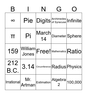 Pi Bingo! Bingo Card