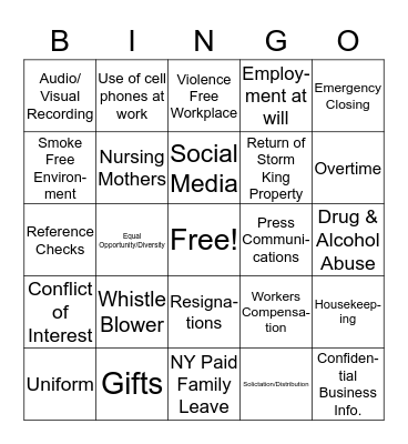 Employee Handbook Policy Bingo Card