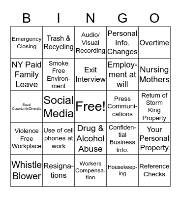 Employee Handbook Policy Bingo Card