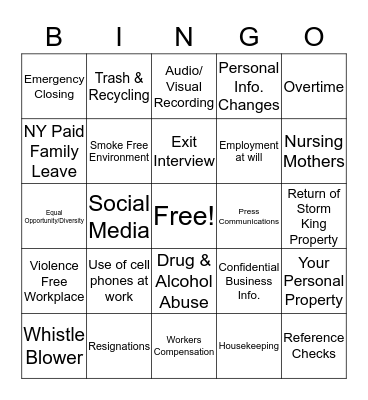 Employee Handbook Policy Bingo Card