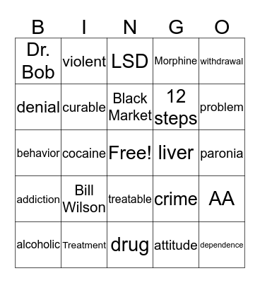 Substance Abuse Bingo Card