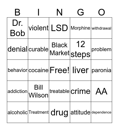 Substance Abuse Bingo Card