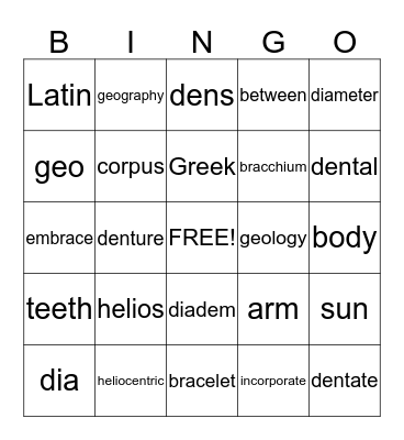 Roots Unit 6 Bingo Card