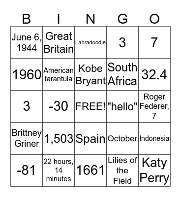 Almanac Project 3 Bingo Card