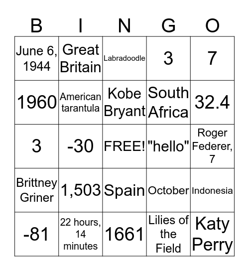 Almanac Project 3 Bingo Card