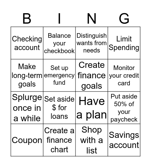 Money Managament Bingo Card