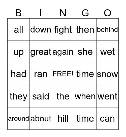 The Snowball Fight Bingo Card