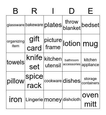 Bridal Shower Bingo Card