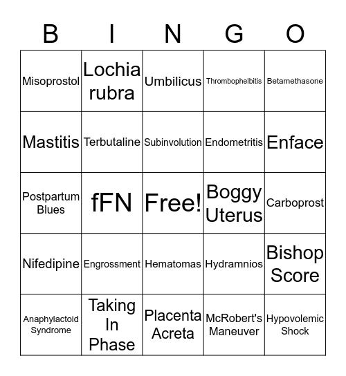 Childbirth and Postpartum Bingo Card