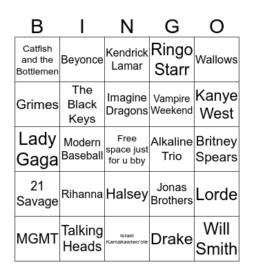 Rowan Alt Artist Bingo <3  Bingo Card