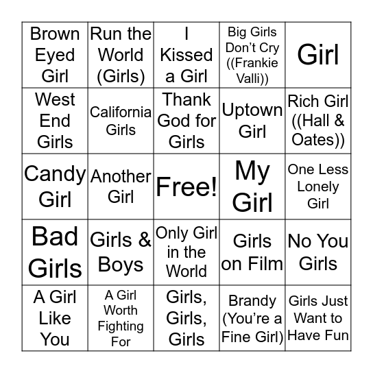 About a Girl Bingo Card