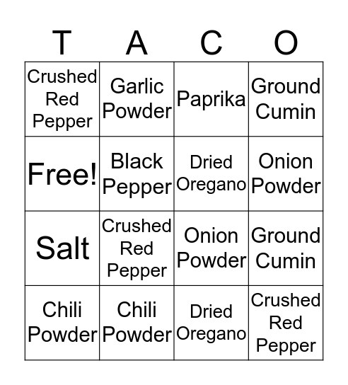 Taco Tuesday Bingo Card