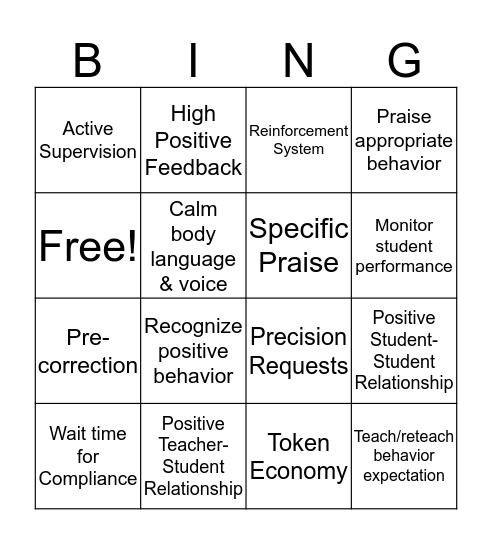 Instructional Priorities for Behaviors Bingo Card
